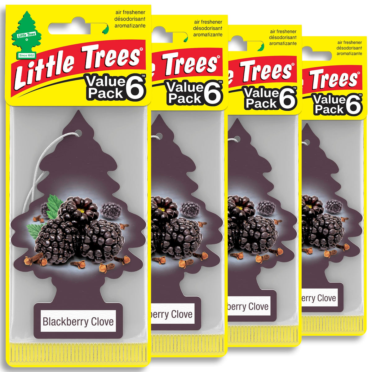 LITTLE TREES front packaging showing 24-count Blackberry Clove for easy stocking
