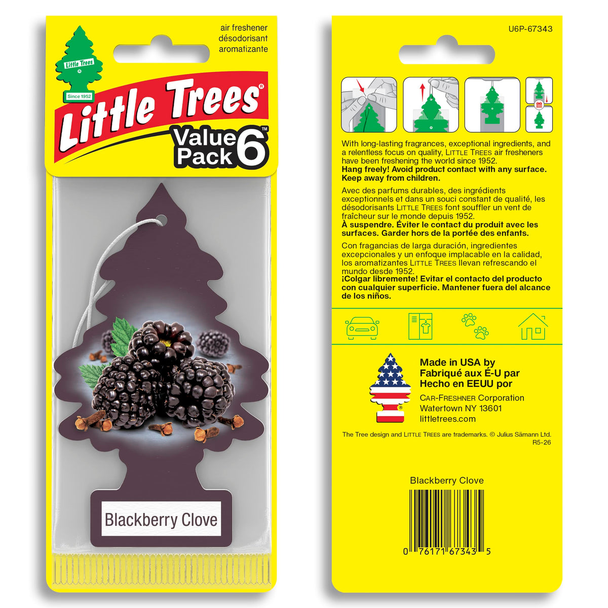 LITTLE TREES close-up of tree shape and printed blackberry clove design for clear fragrance identity