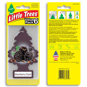 LITTLE TREES close-up of tree shape and printed blackberry clove design for clear fragrance identity