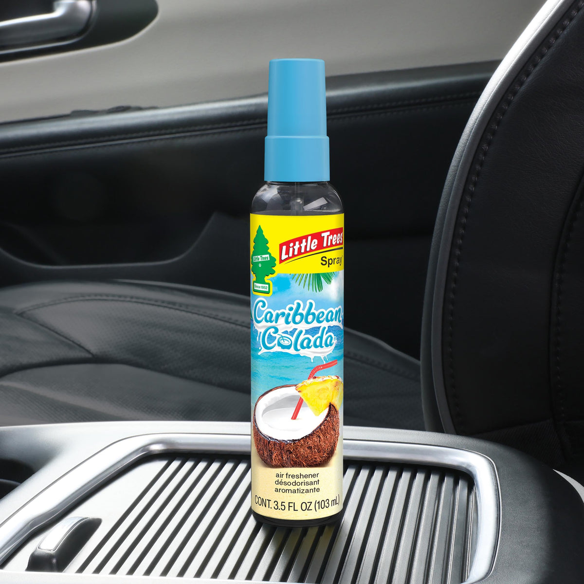 LITTLE TREES bottle tucked in a glove compartment for on-the-go scent access