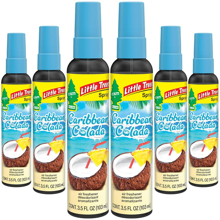 LITTLE TREES front packaging showing Caribbean Colada and six sprays for convenience