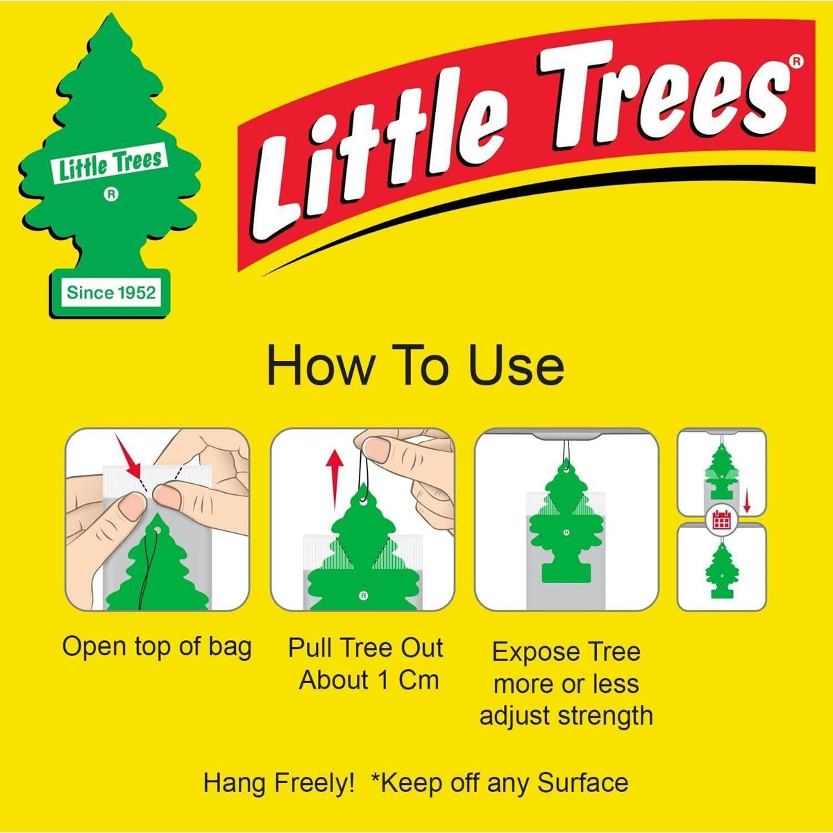 LITTLE TREES size comparison next to hand showing compact convenience benefit