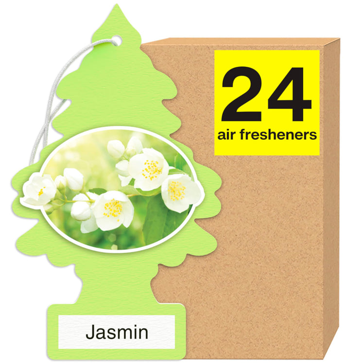 LITTLE TREES front packaging showing 24 jasmine fresheners and easy storage benefit