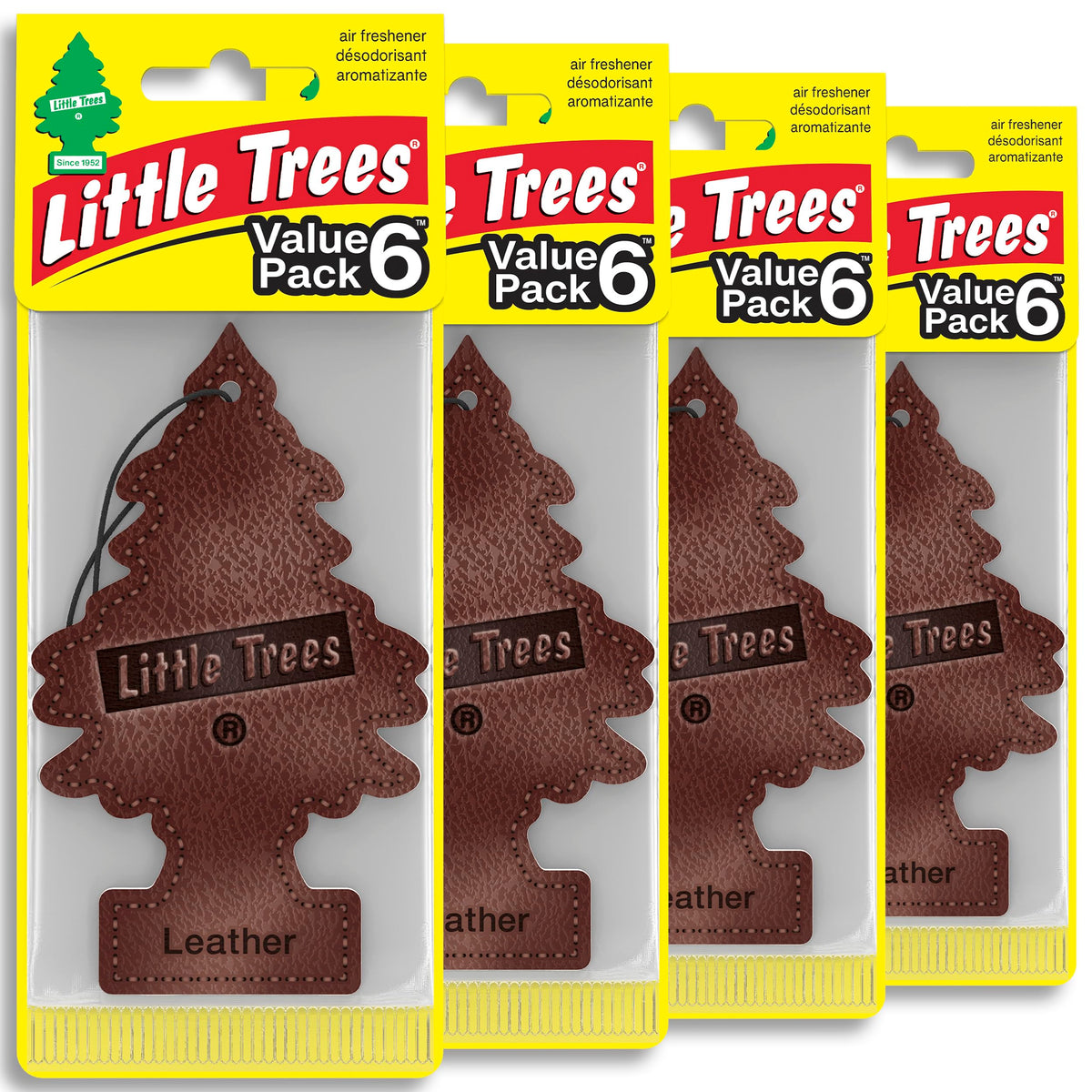 LITTLE TREES front packaging showing leather scent and pack count for long-lasting freshness