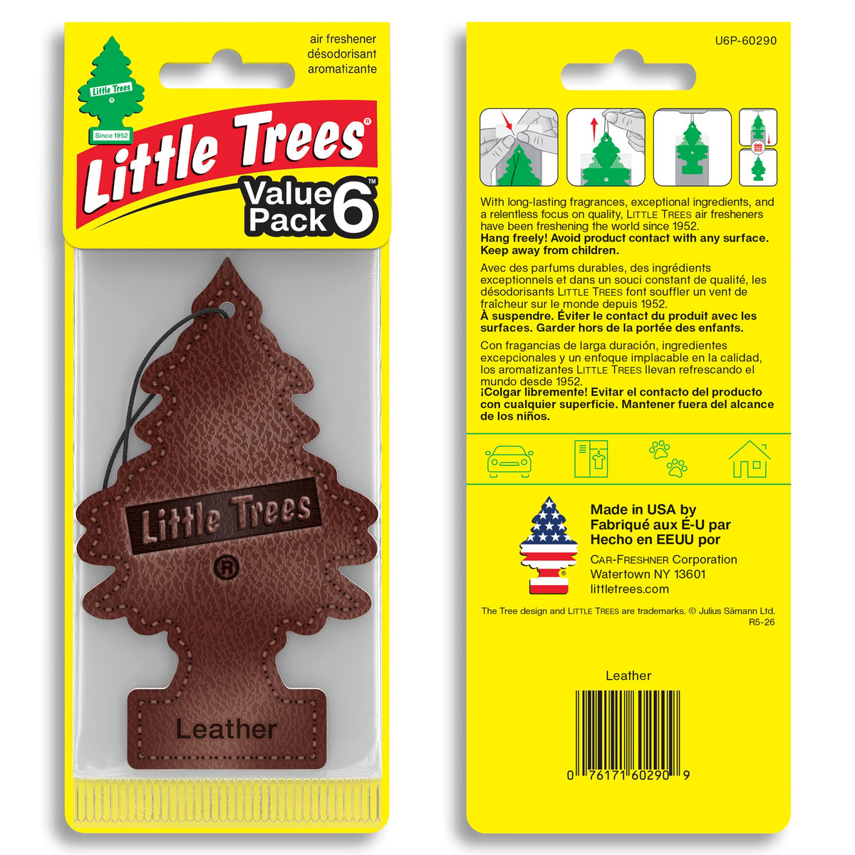LITTLE TREES close-up of single leather hanging tree showing shape and easy hang string