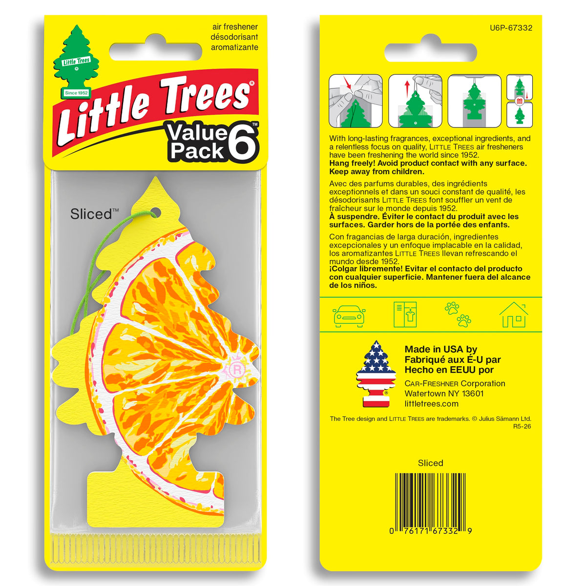Close-up of a LITTLE TREES tree scent slice showing vibrant color and easy-hang benefit