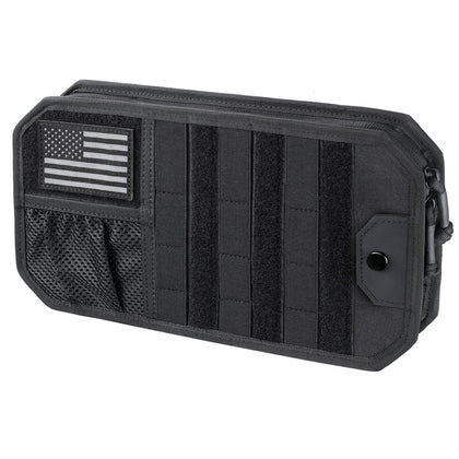 LIVANS front view showing organized pockets and US flag patch for tidy storage
