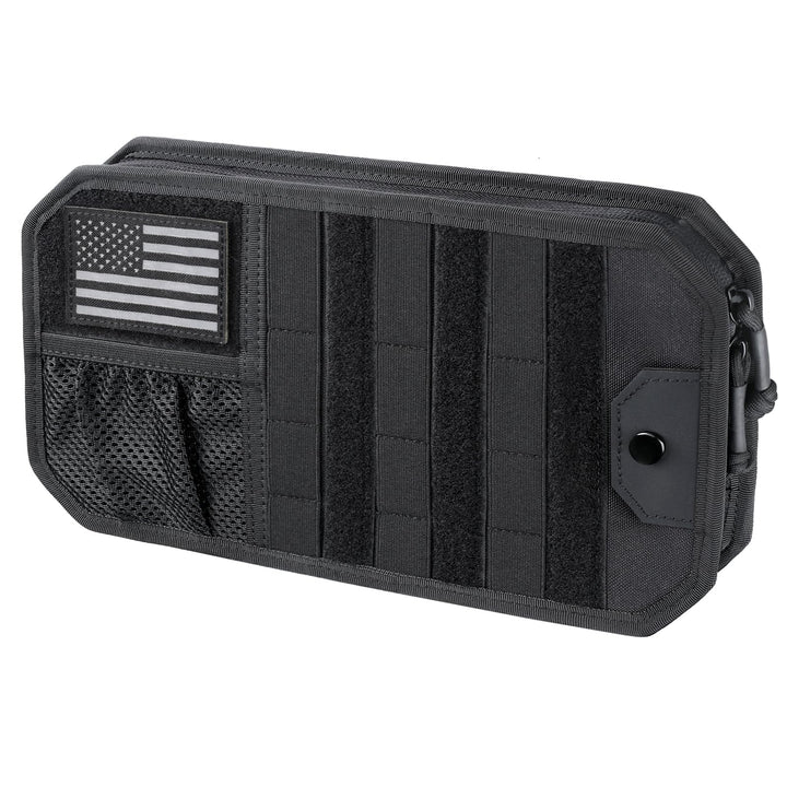 LIVANS front view showing organized pockets and US flag patch for tidy storage