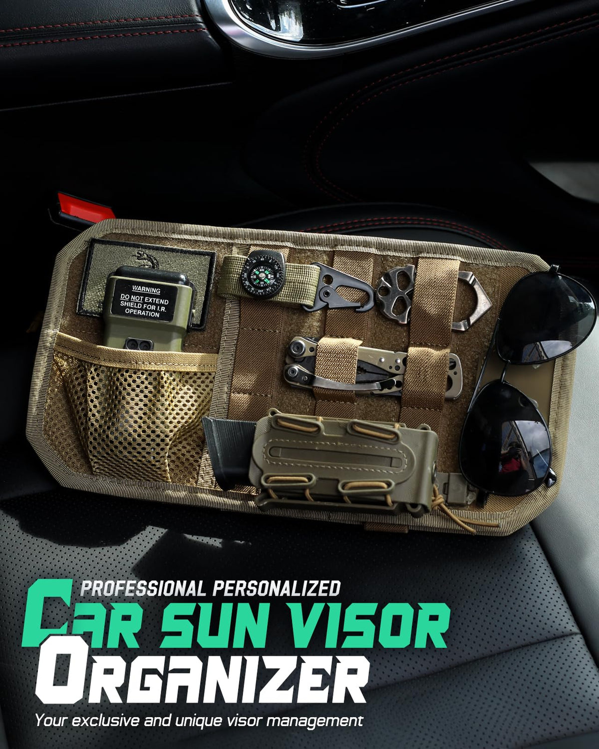 LIVANS visor organizer beside sunglasses showing size and portability benefit