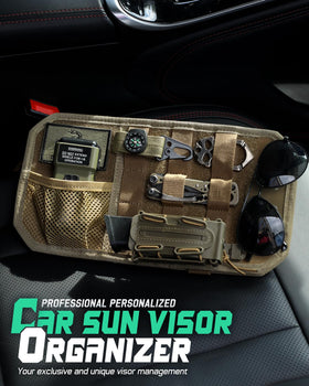 LIVANS visor organizer beside sunglasses showing size and portability benefit