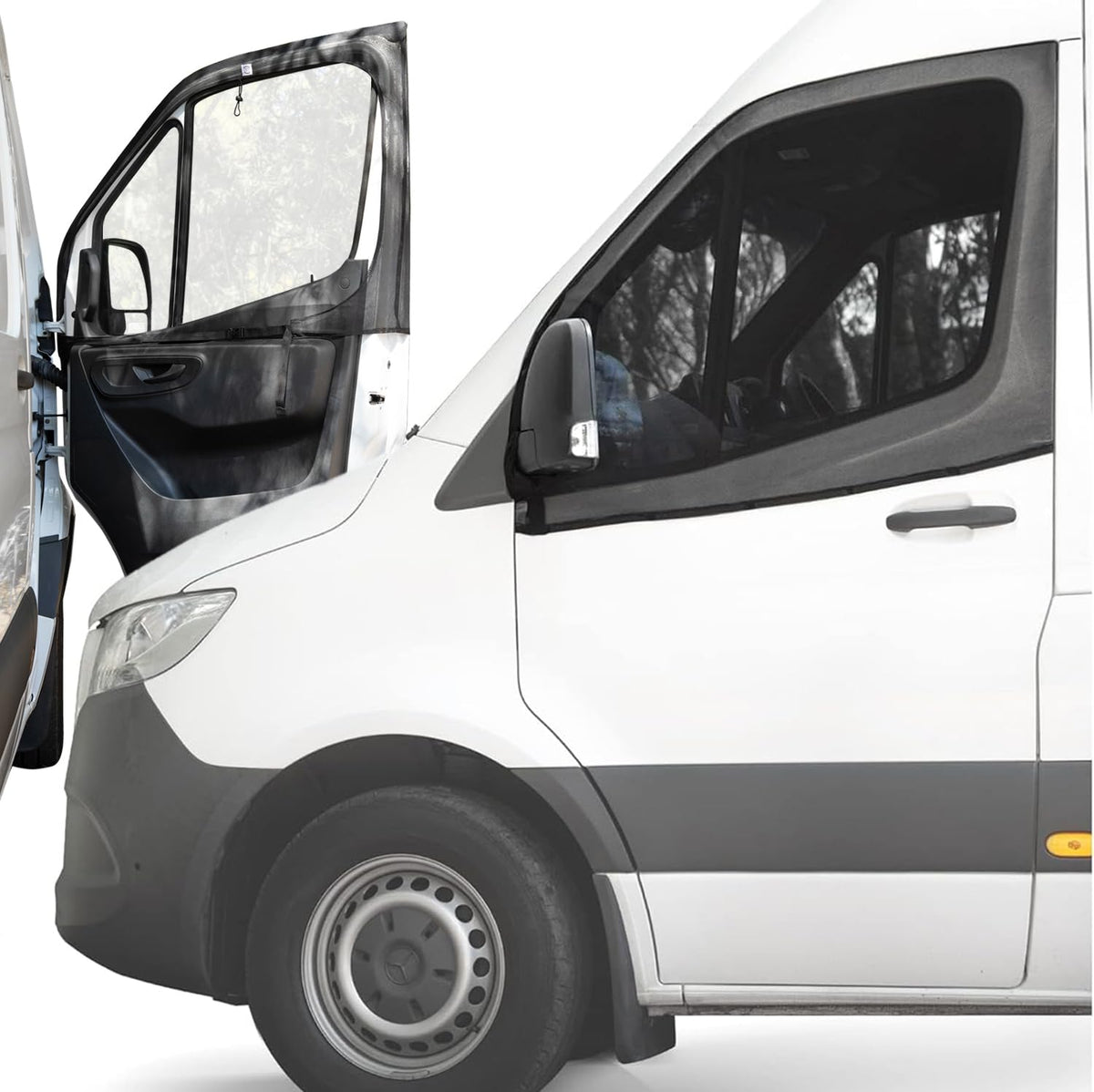 Living in a Bubble front door screen on van showing full coverage and ventilation