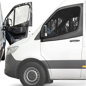 Living in a Bubble front door screen on van showing full coverage and ventilation