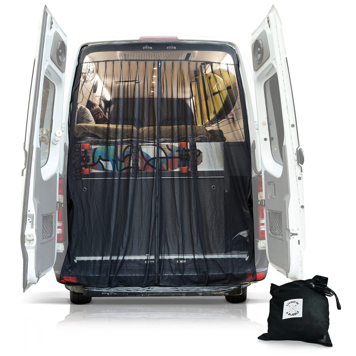Living in a Bubble front-installed on Sprinter shows full coverage and ventilation benefit