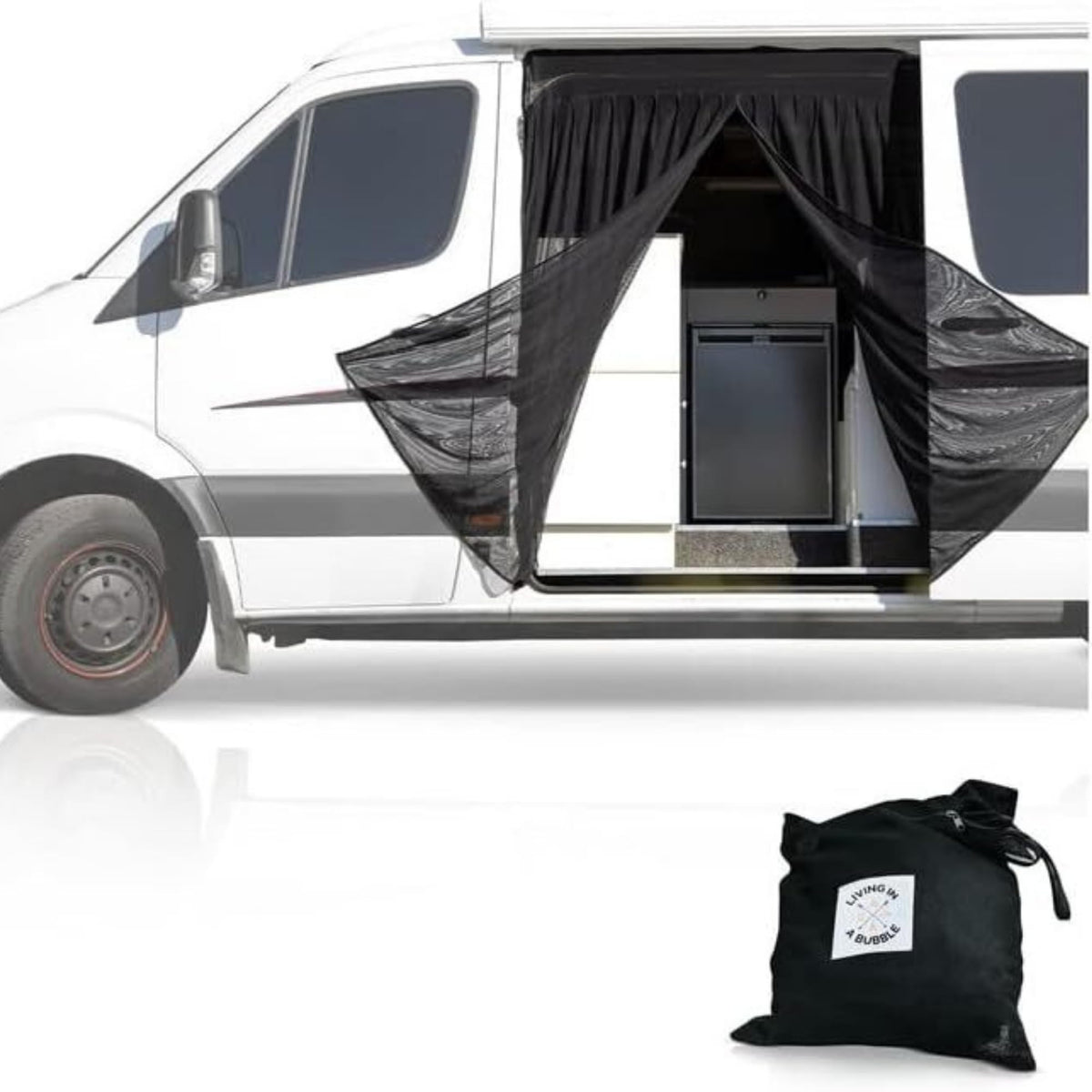 Living in a Bubble front view showing full side-door flyscreen and bug protection