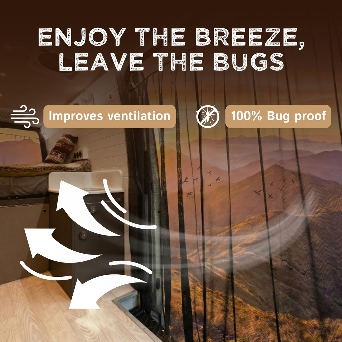 Living in a Bubble installed on a Ford Transit side door for insect-free camping