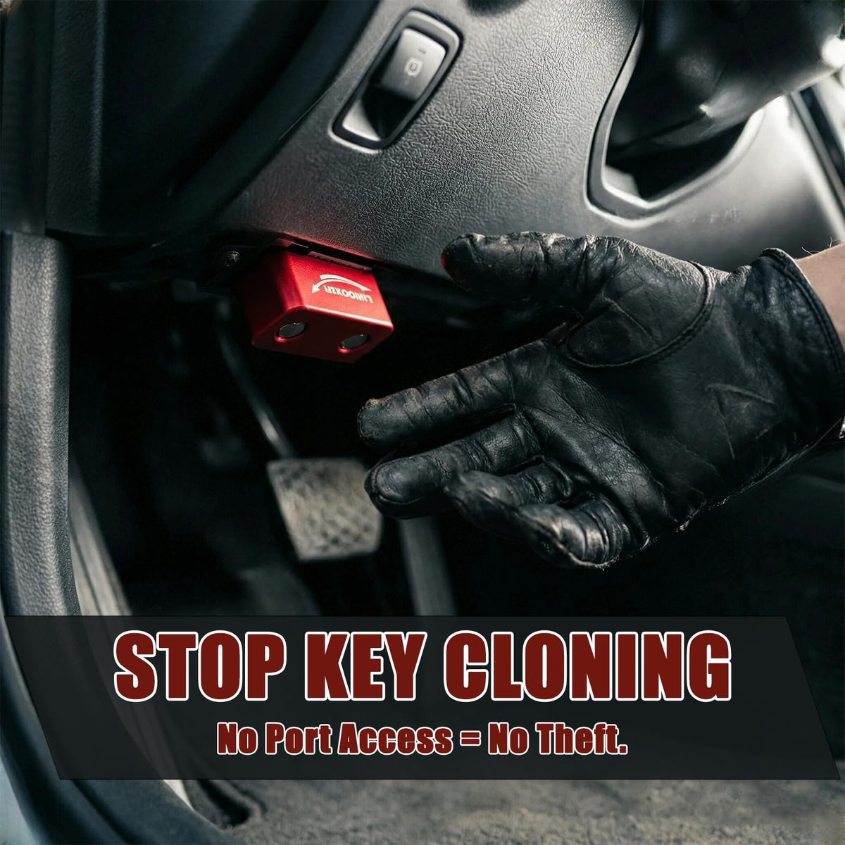LIXOOMER lifestyle shot of parked car with lock installed providing peace of mind