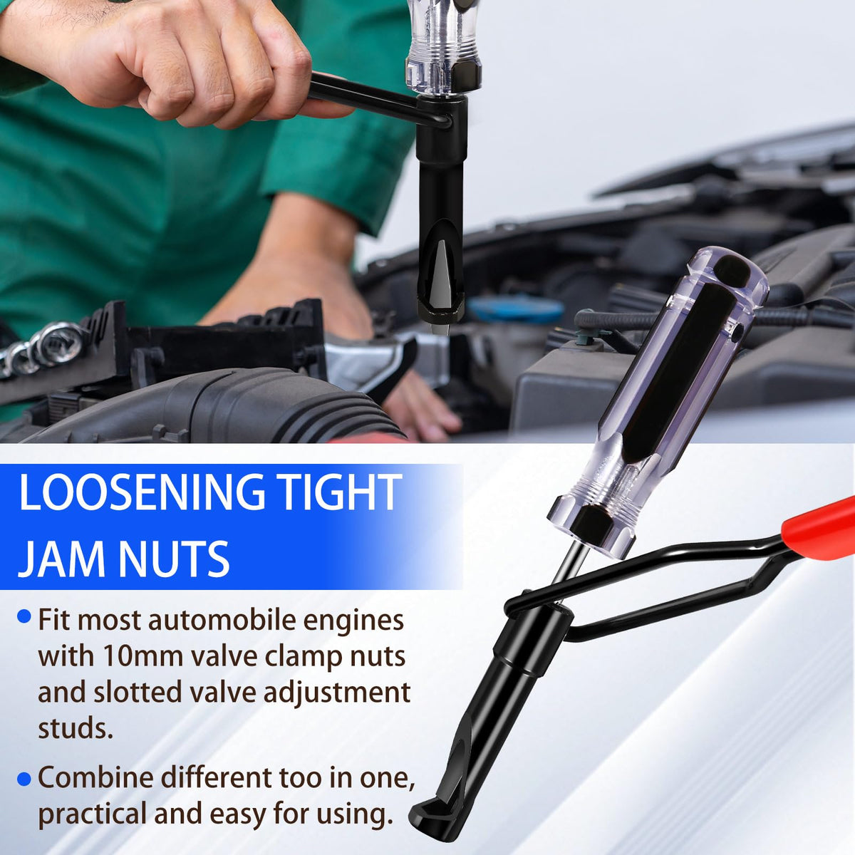 lizenoz tool engaged on cylinder head jam nut during valve adjustment — accurate setting