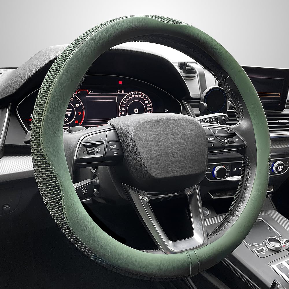 LKWLIKEI front view showing green steering wheel cover and neat fit benefit
