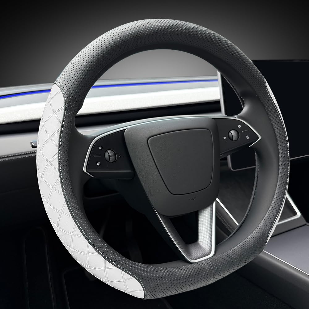 LKWLIKEI front view of steering wheel cover showing sleek black and white design and fit benefit