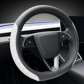 LKWLIKEI front view of steering wheel cover showing sleek black and white design and fit benefit