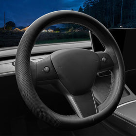 LKWLIKEI front view of steering wheel cover showing sleek black finish and fit benefit