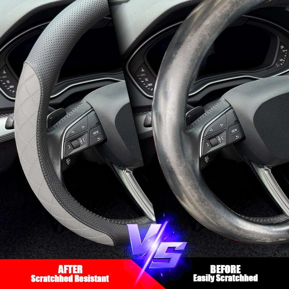 LKWLIKEI steering wheel cover beside ruler showing 14.5–15" fit