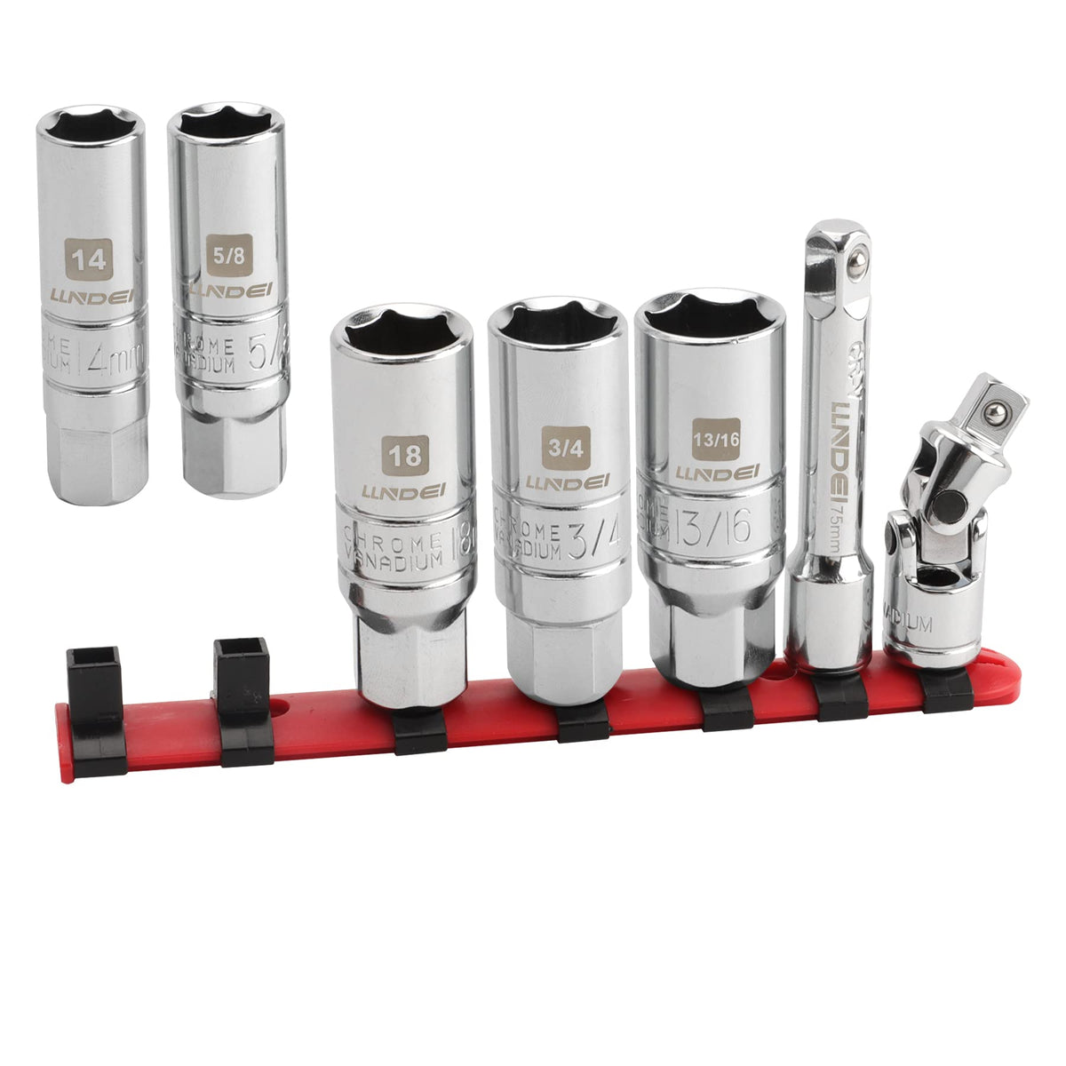 LLNDEI front view of 7pc socket set showing full kit and case for quick grab