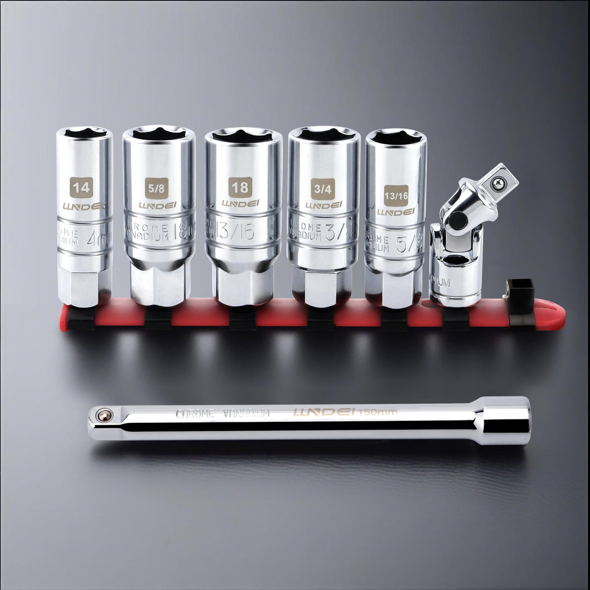 LLNDEI sockets lined up showing varied SAE and metric sizes for broad vehicle coverage
