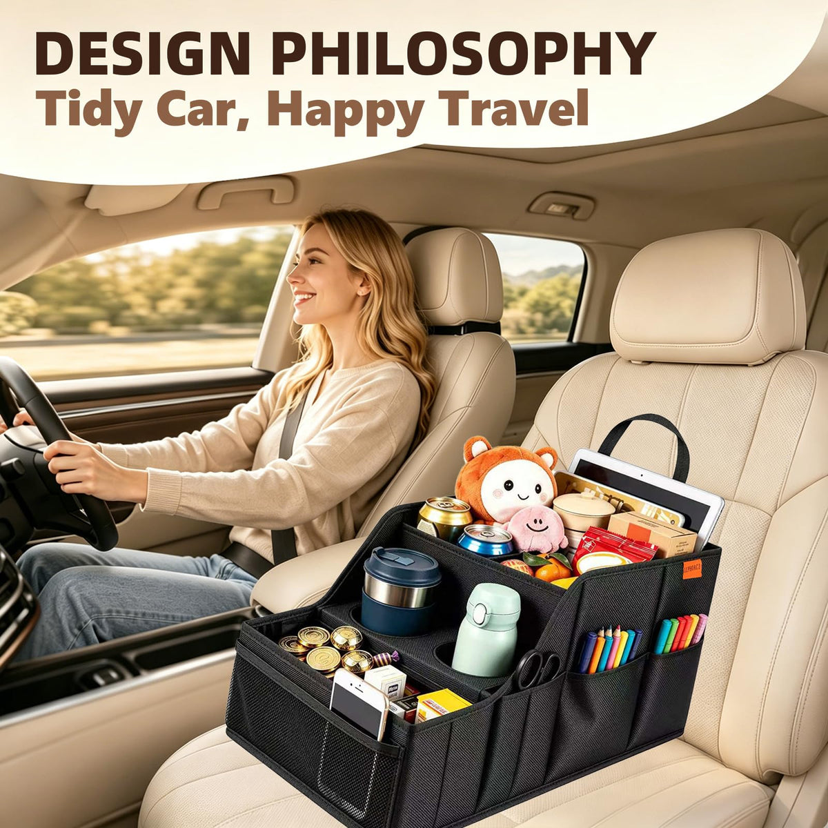 LLPHOACI lifestyle image in family car illustrating tidy travel convenience