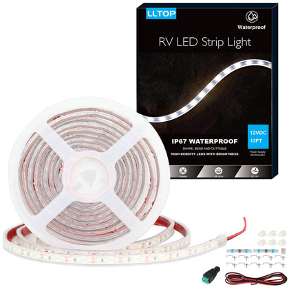LLTOP front view of 13ft LED strip showing product packaging and benefits