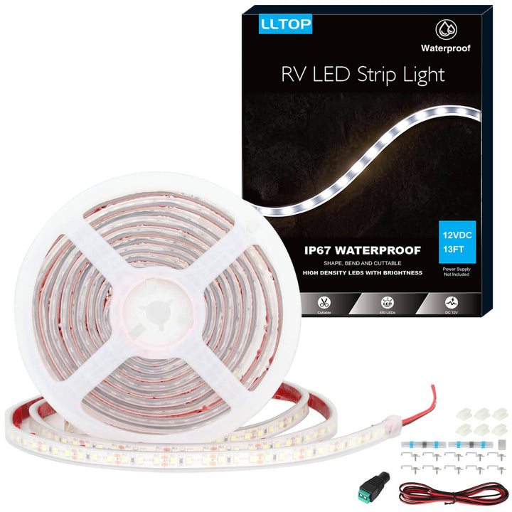 LLTOP front view of 13ft LED strip showing product packaging and benefits