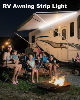 LLTOP strip installed on an RV awning providing clear campsite lighting