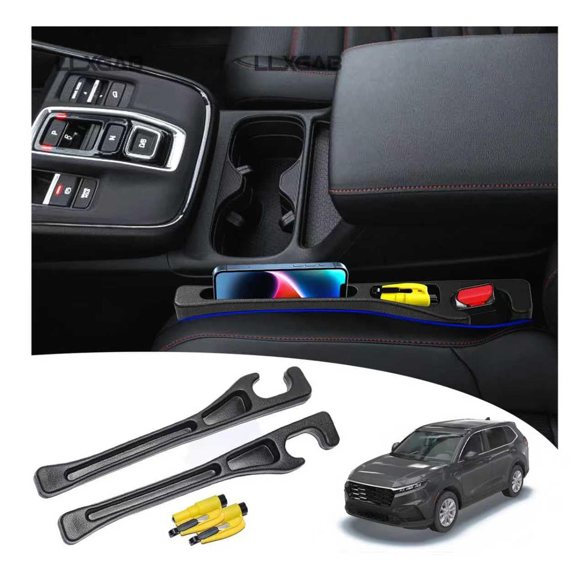 LLXGAB front packaging showing gap filler and included tools for tidy cabin