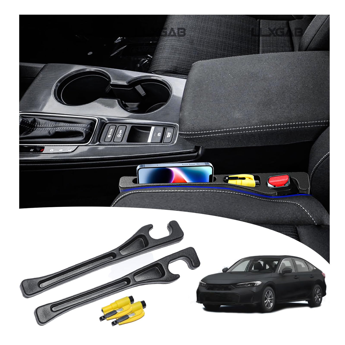 LLXGAB front packaging showing Civic-specific gap filler and included tools for convenient storage