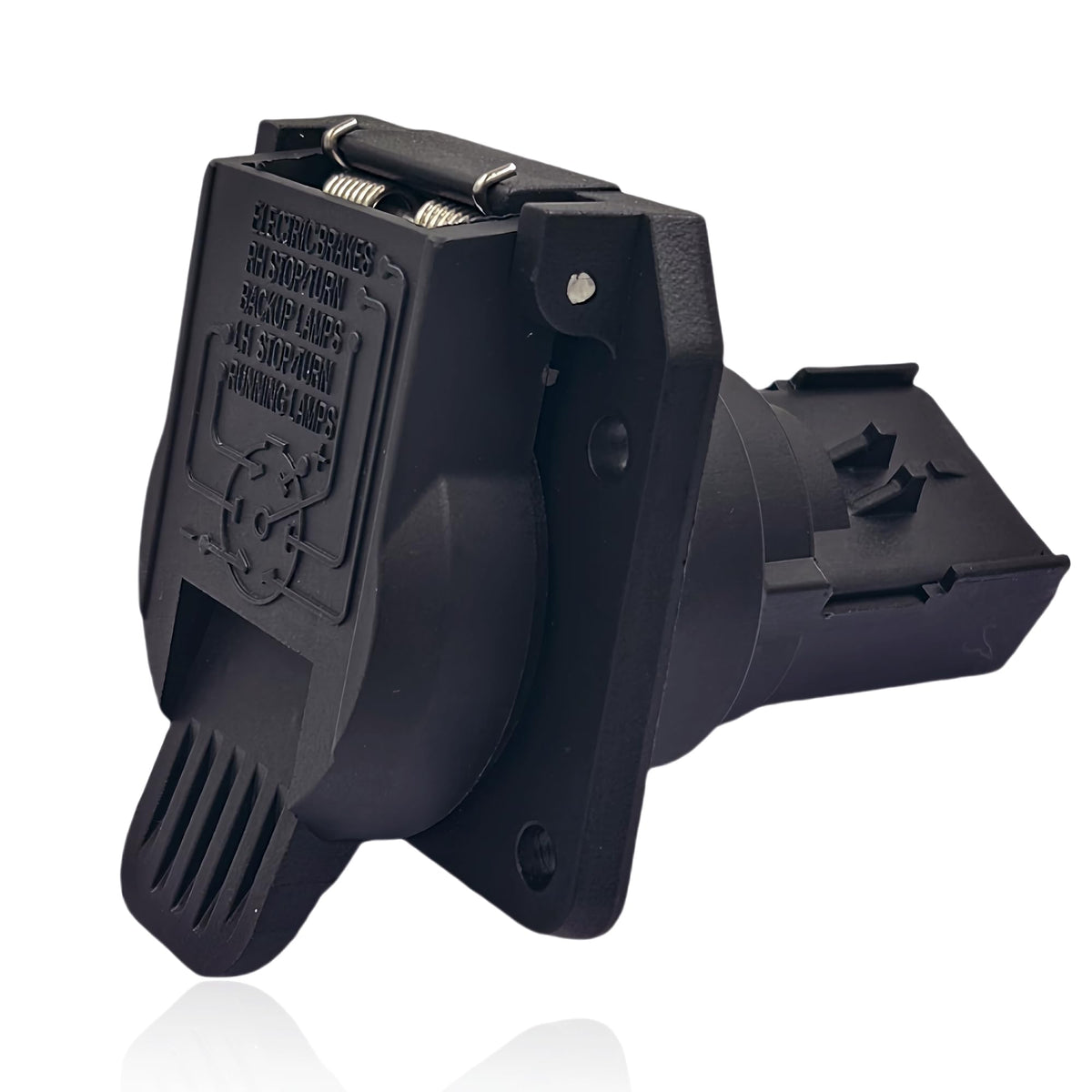 LLYZFED front view of 7-way trailer plug showing pin layout and secure fit