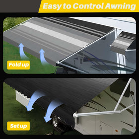 LLYZFED motor on RV awning in campsite scene showing reliable operation outdoors