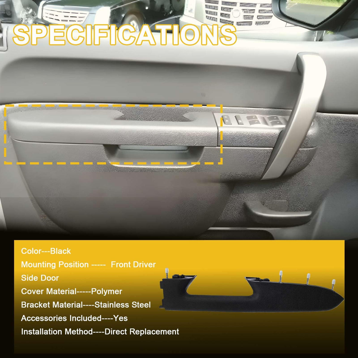 LLYZFED fitment view showing door release handle located below armrest for correct match