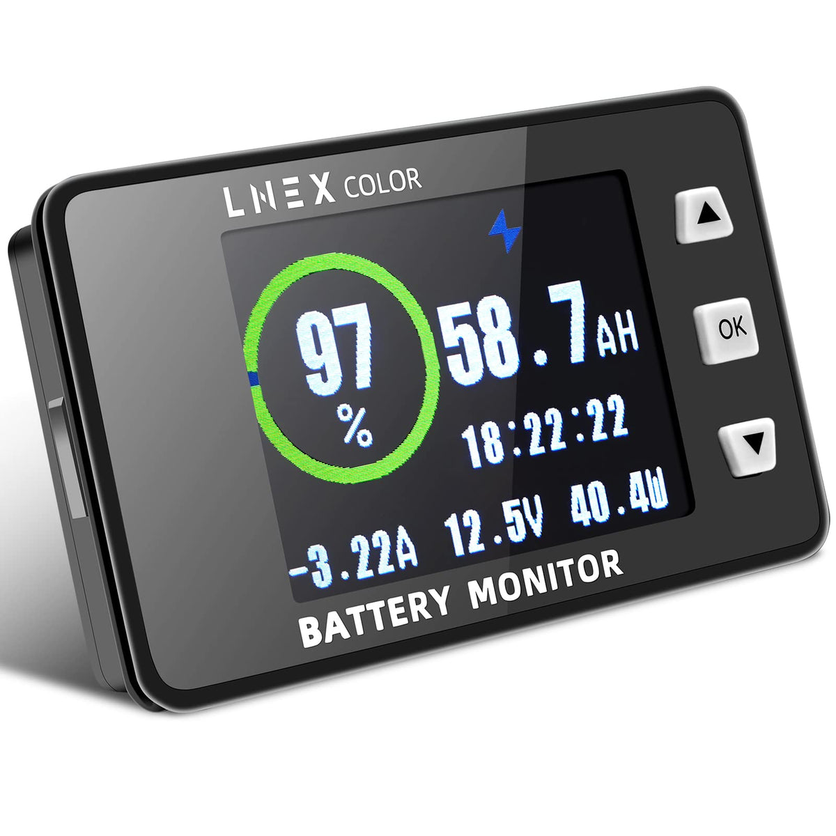 LNEX front display showing clear voltage and current readings for quick checks