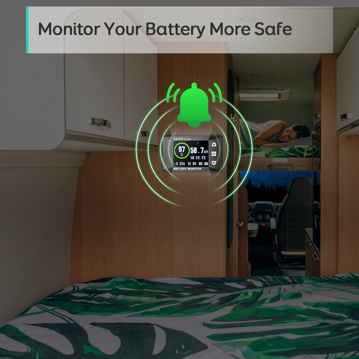 LNEX installed in an RV dashboard providing easy monitoring while driving or parked