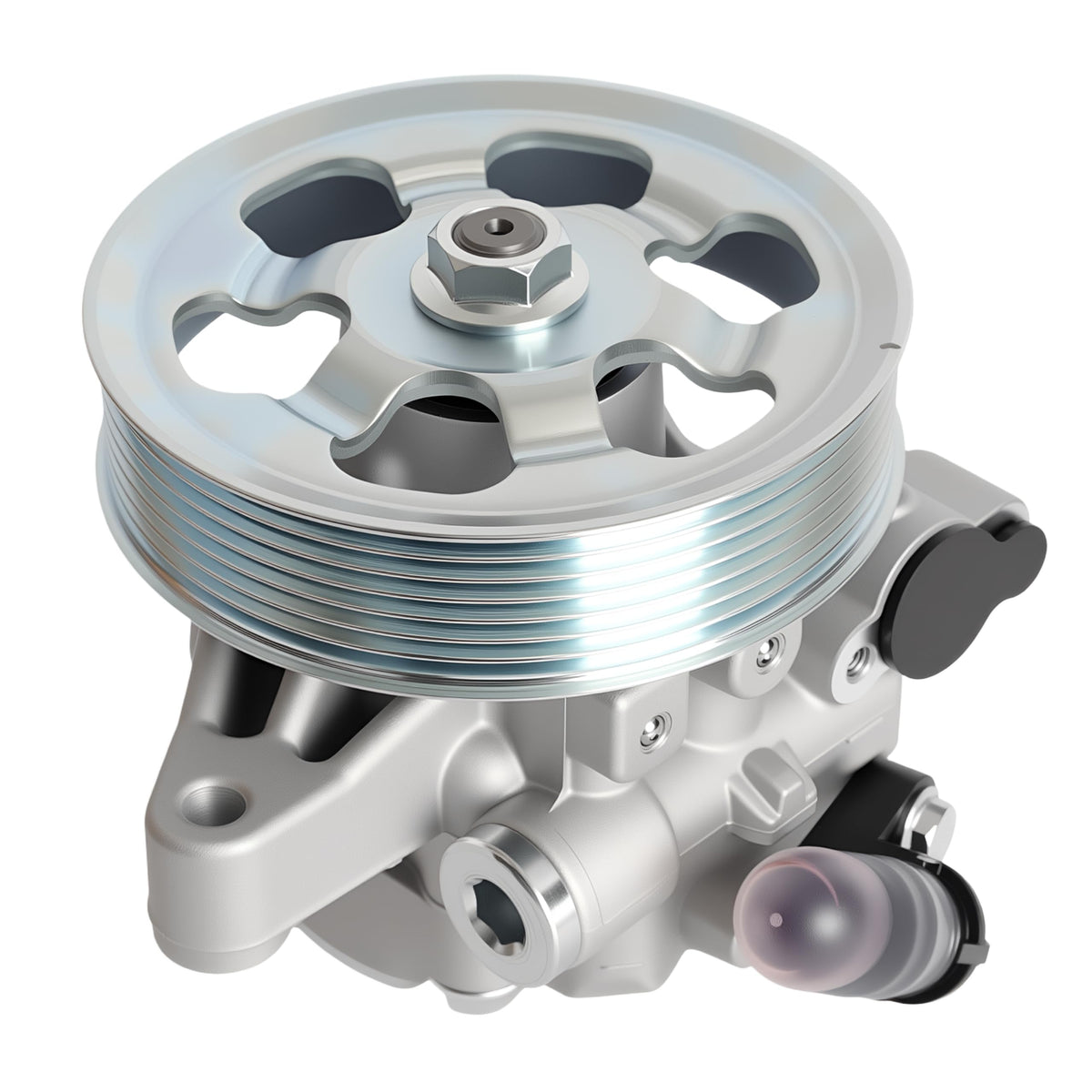 Loautong power steering pump front assembly showing clean casting and pulley benefit reliability