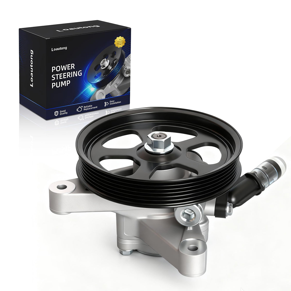 Loautong power steering pump front view showing fitment and mounting benefits