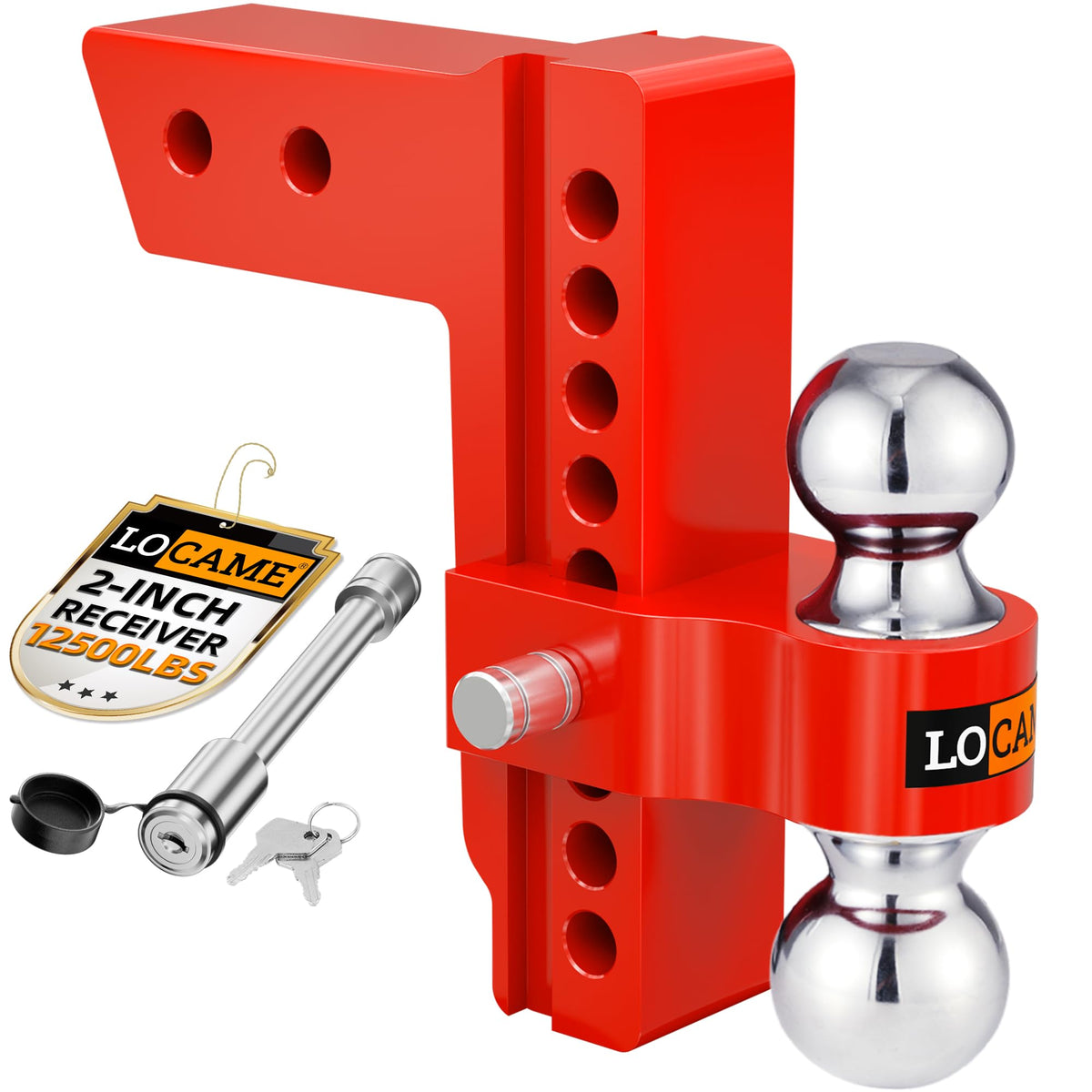 LOCAME front view of red adjustable hitch showing compact profile and secure fit