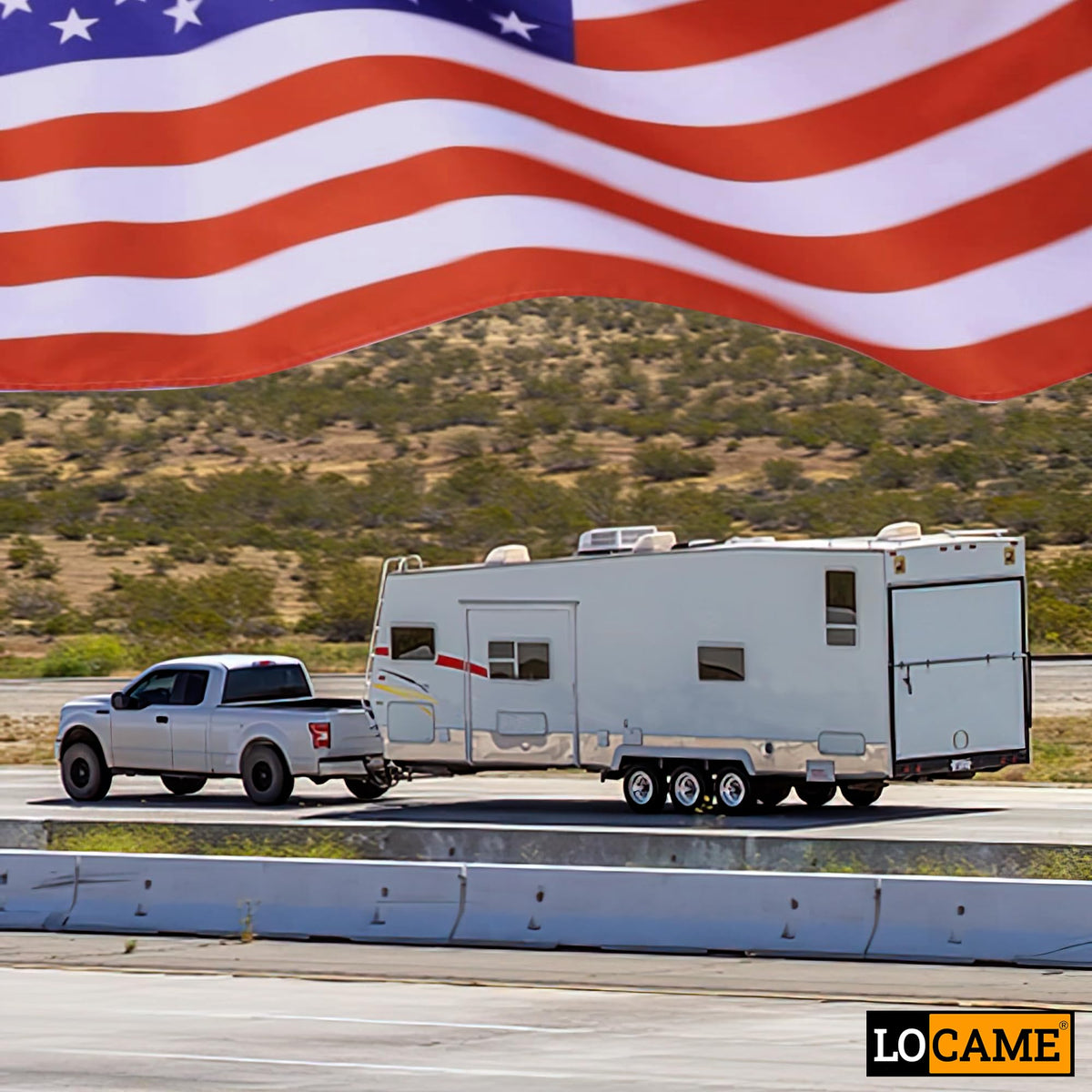 LOCAME lifestyle shot towing an RV showing confidence and level ride