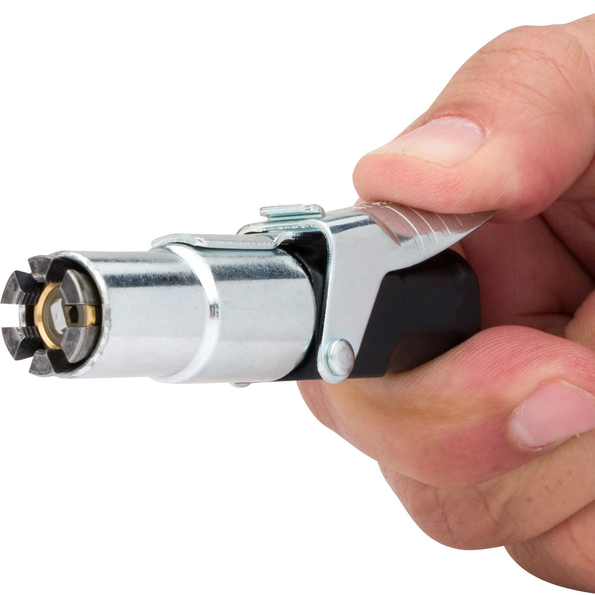 LockNFlate in use with compressor hose demonstrating shop-ready benefit