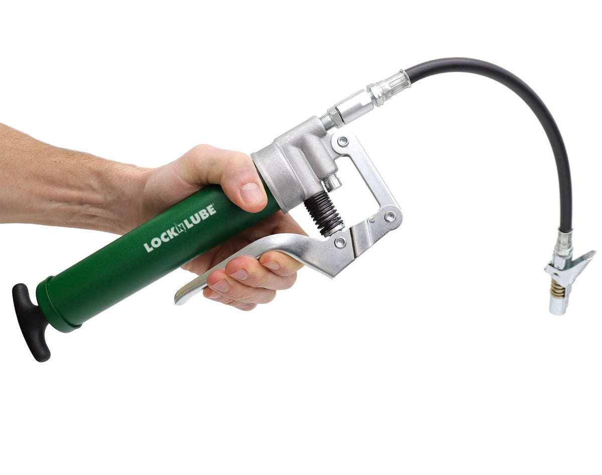 LockNLube 12-inch hose detail showing reinforced construction and reach