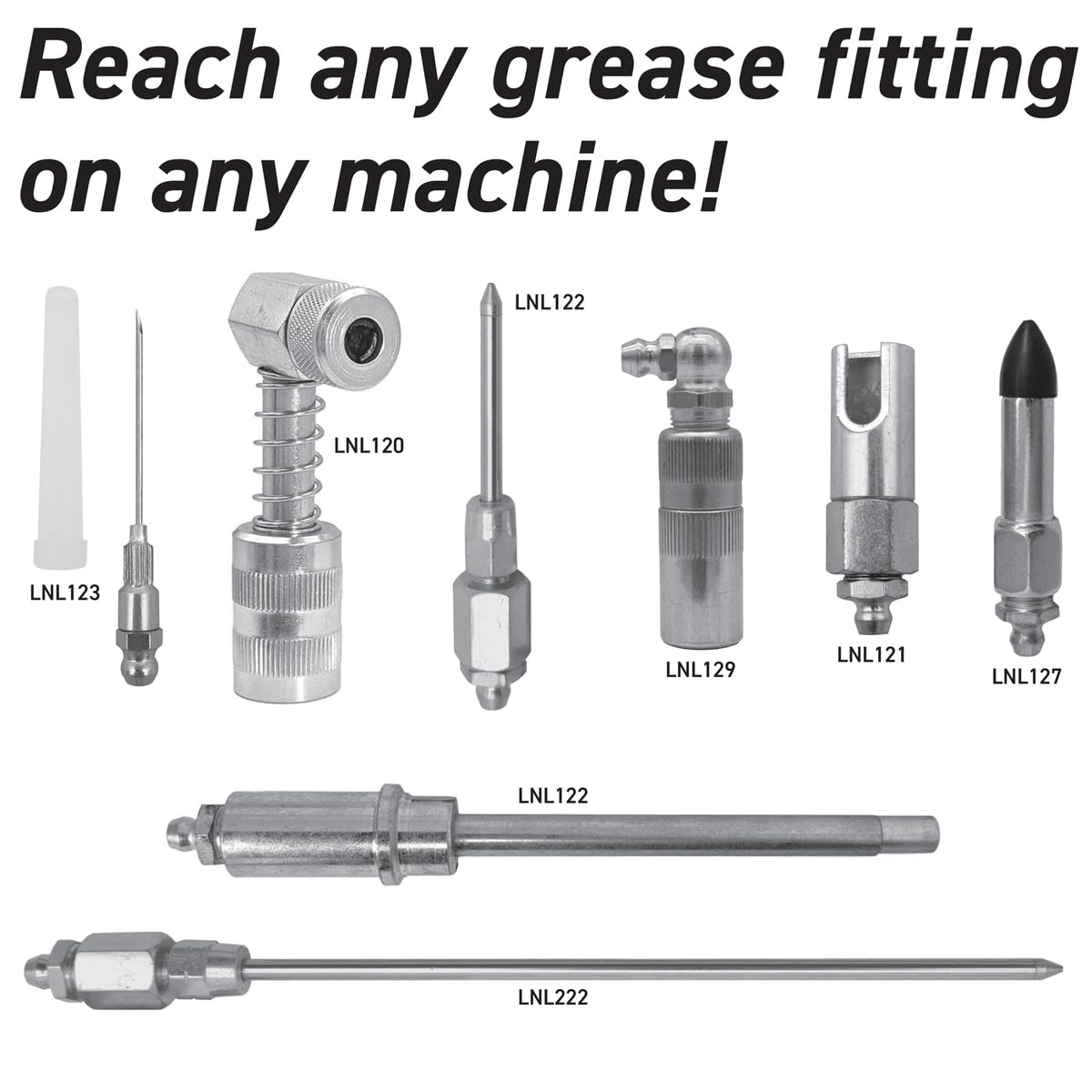 LockNLube adapters arranged showing variety for fast fitting access