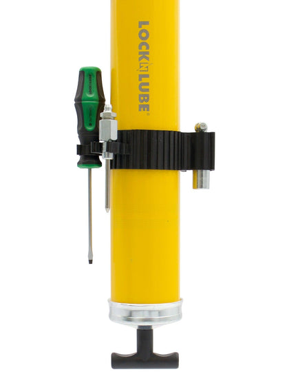 LockNLube toolbelt mounted on grease gun barrel showing organized tools and faster servicing