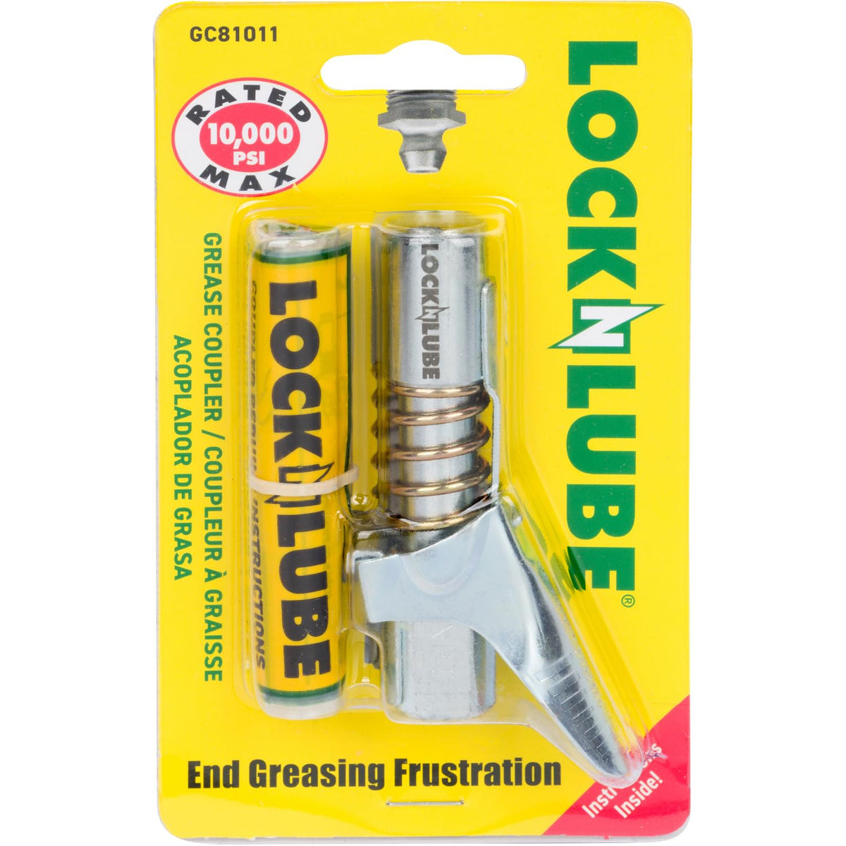 LockNLube front view of coupler showing compact body and durable finish for reliability