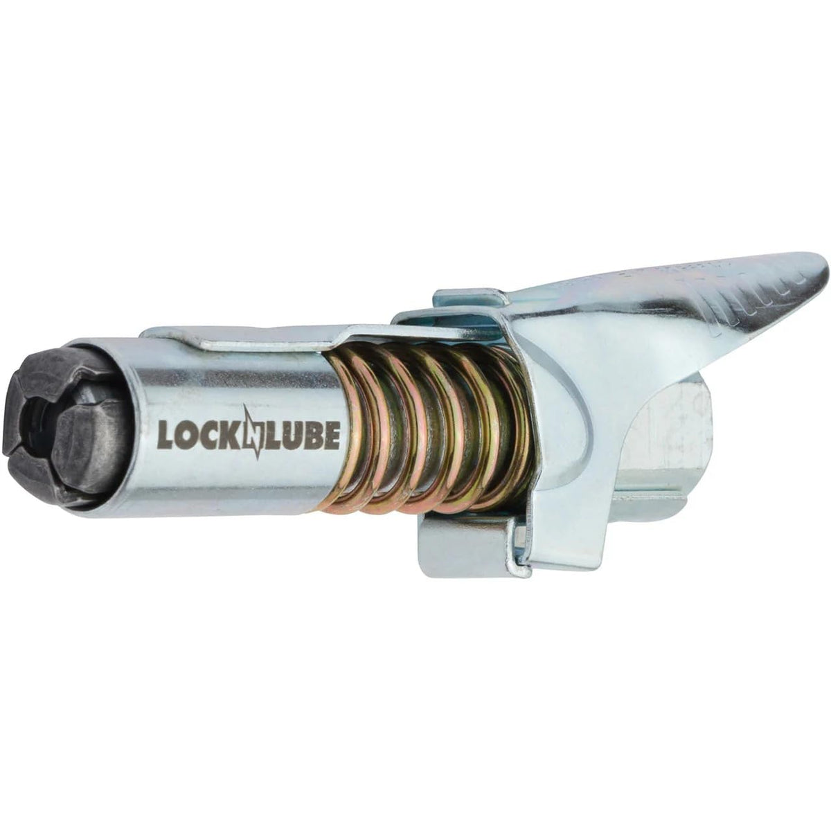 LockNLube mounted on a grease gun demonstrating universal 1/8 in NPT compatibility