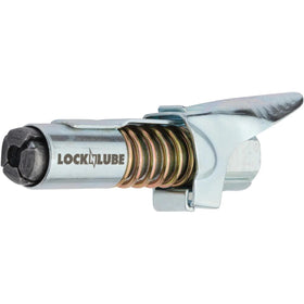 LockNLube mounted on a grease gun demonstrating universal 1/8 in NPT compatibility